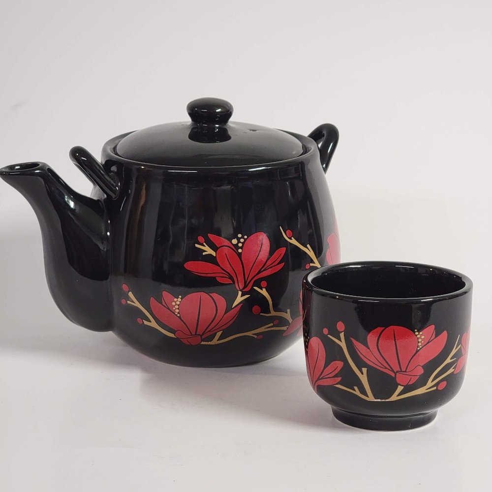 Black Teapot and Cup Set Red Flower Design Asian Missing Handle